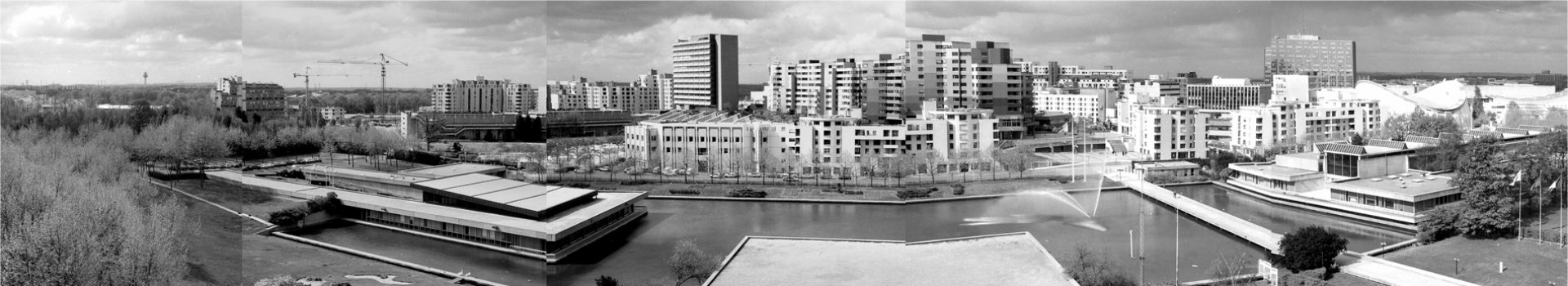 Panorama d’Évry en 1991 : le centre-ville construit autour des bassins de la préfecture